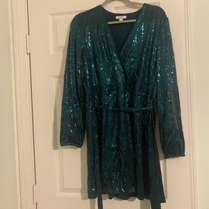 Green Sequin Wrap Dress - Sparkle Party Dress - Nine West Size L Large